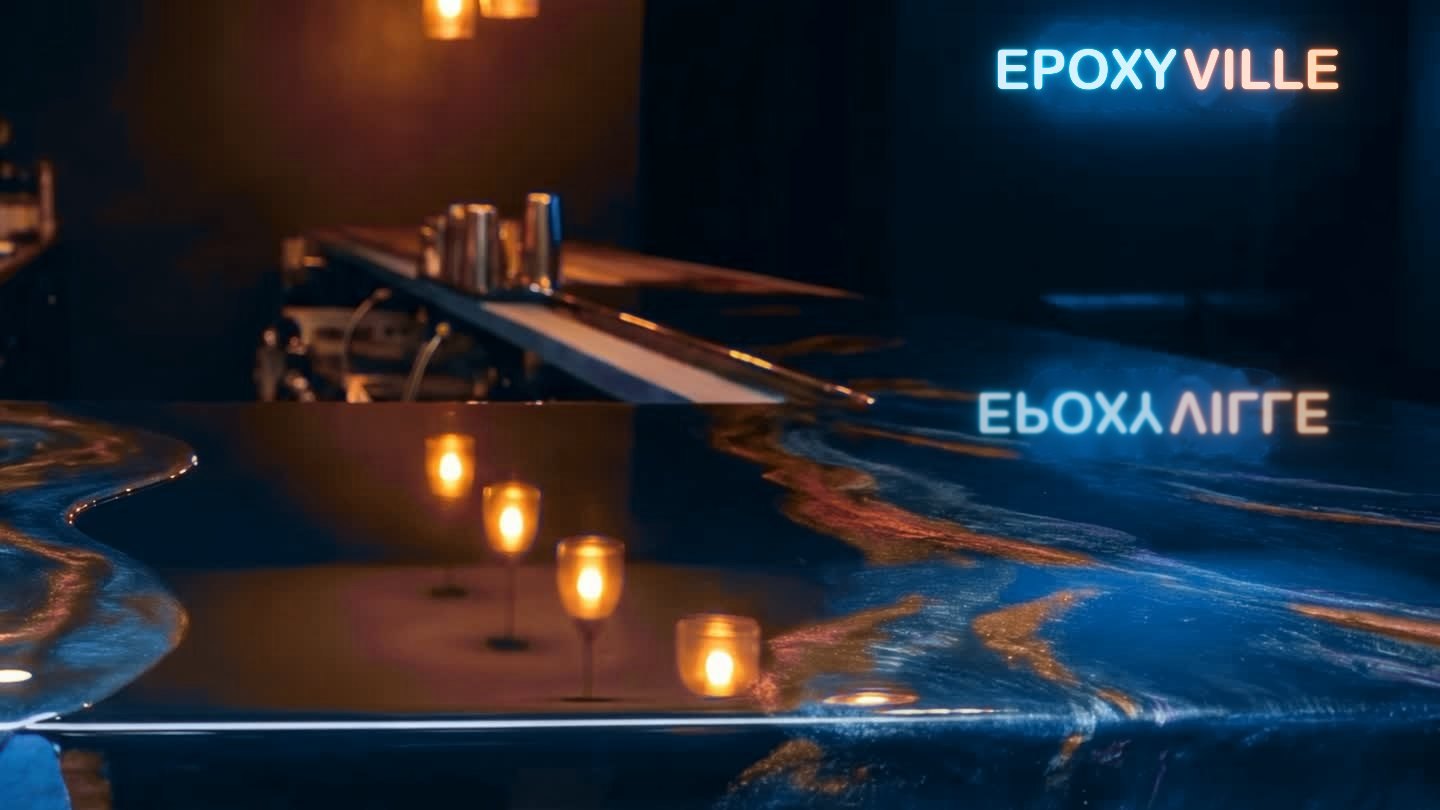 A finished bartop, electric blue and burnt orange metallic under clear gloss, an EPOXYVILLE neon sign glowing behind it