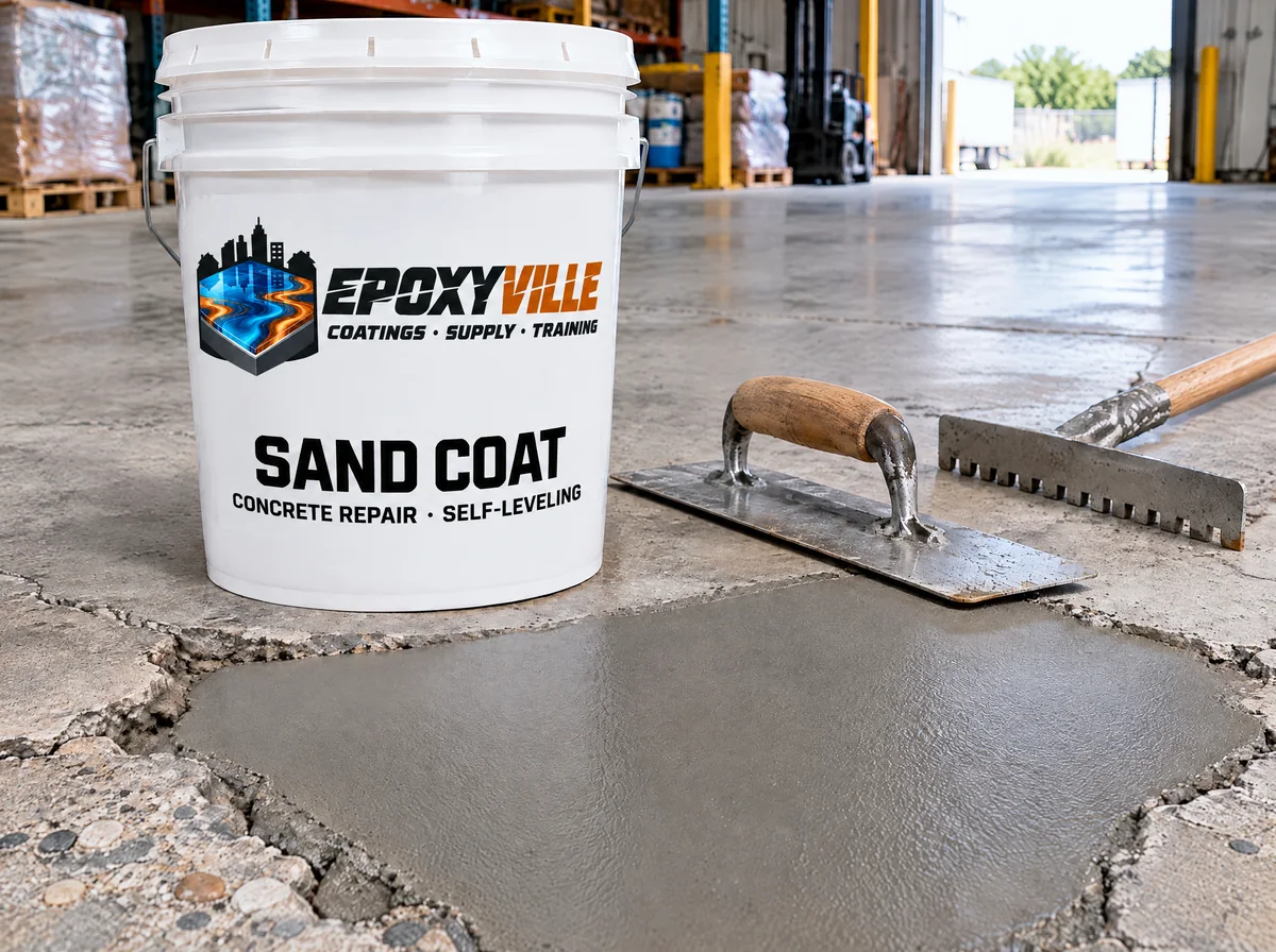 Epoxyville Sand Coat pail on a repaired concrete slab