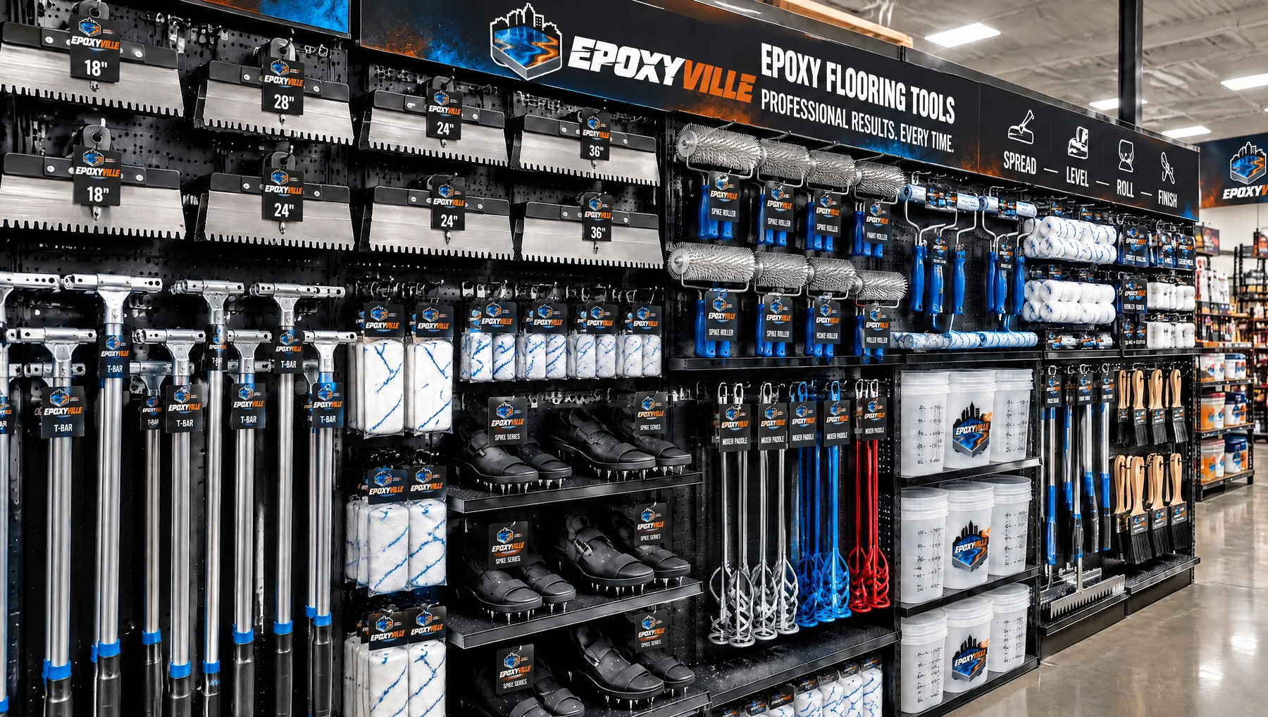Professional epoxy application tools on the Epoxyville supply wall